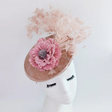 Blush pink flower feather disc saucer fascinator hat - House of Hats