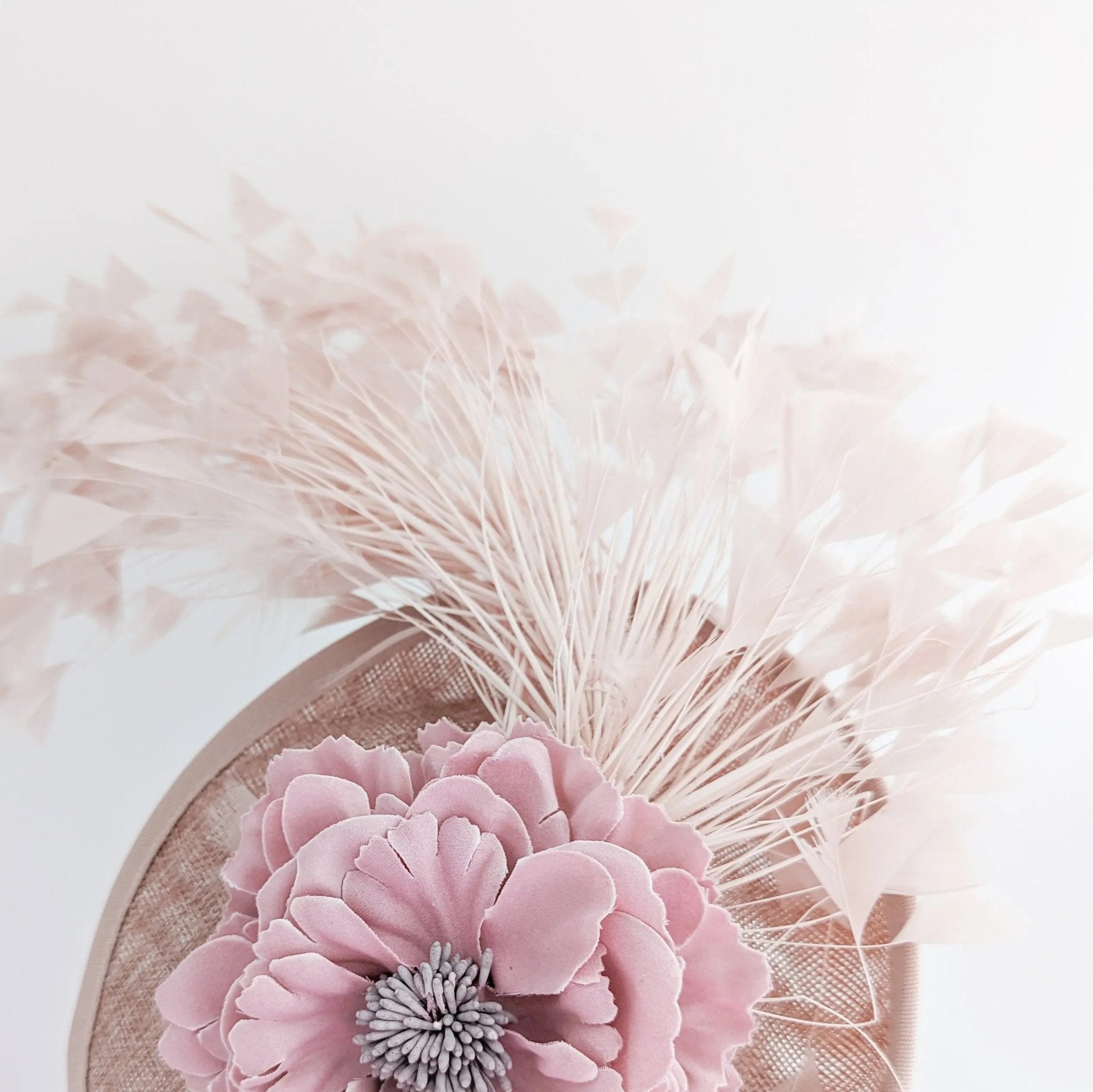 Blush pink flower feather disc saucer fascinator hat - House of Hats