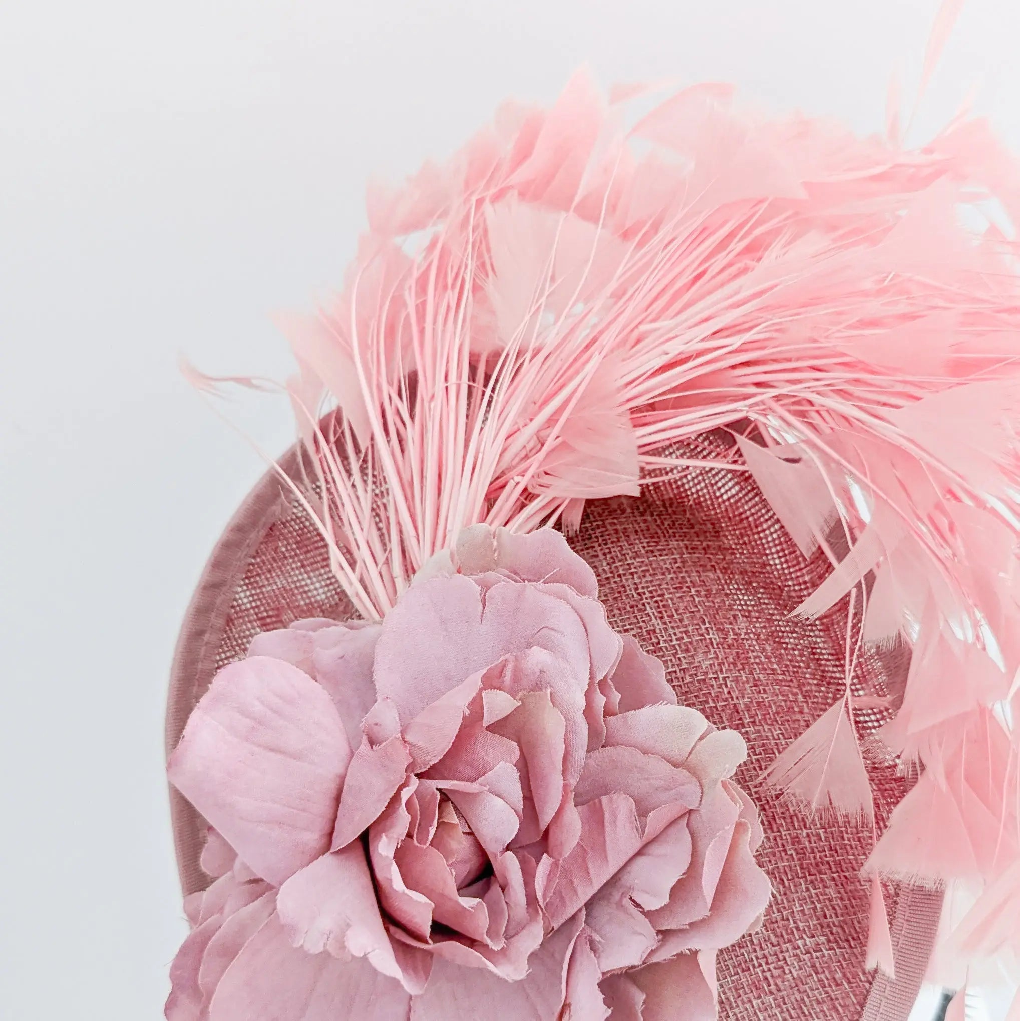 Blush pink flower feather disc saucer fascinator hat - House of Hats