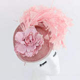 Blush pink flower feather disc saucer fascinator hat - House of Hats