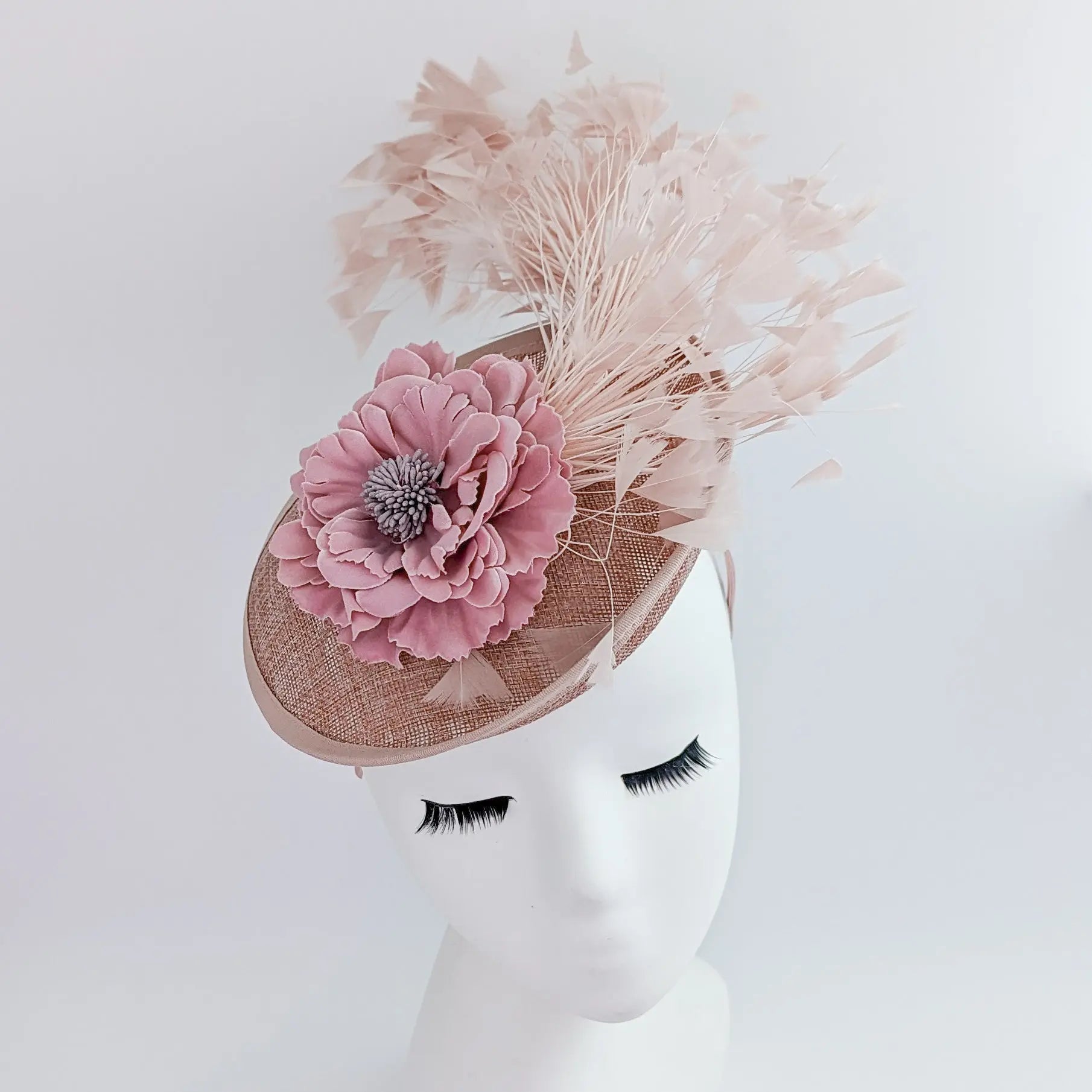 Blush pink flower feather disc saucer fascinator hat - House of Hats