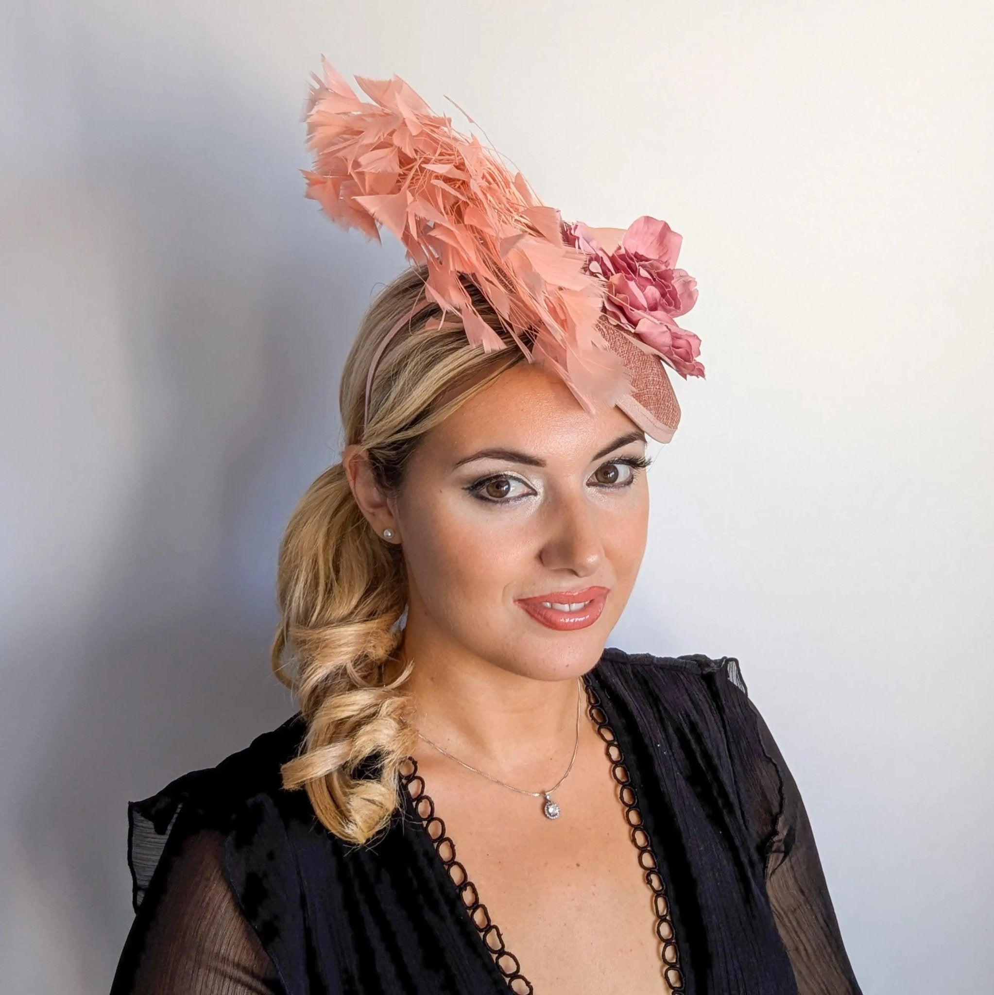 Blush pink flower feather disc saucer fascinator hat - House of Hats