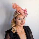 Blush pink flower feather disc saucer fascinator hat - House of Hats