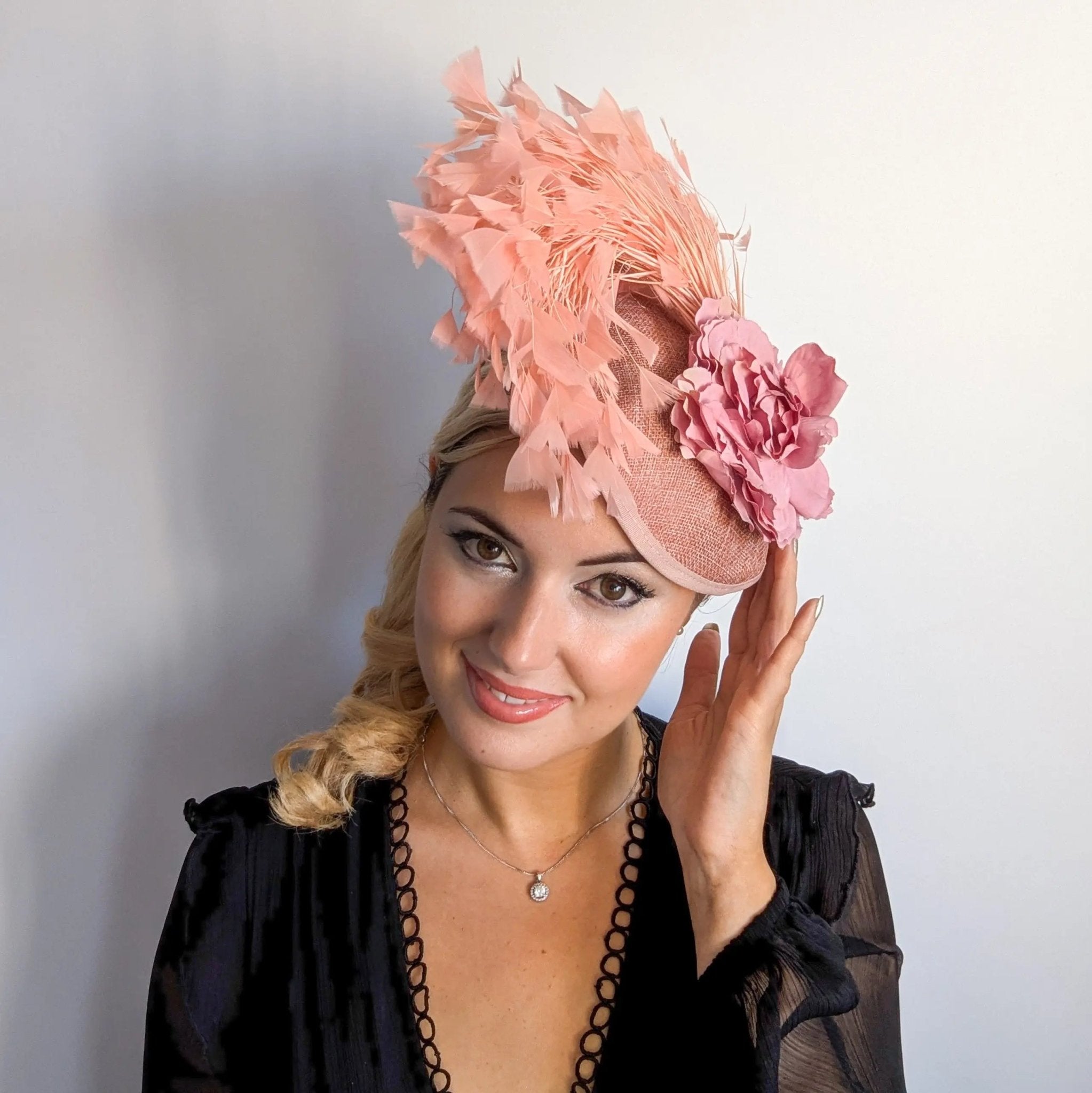 Blush pink flower feather disc saucer fascinator hat - House of Hats