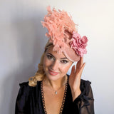 Blush pink flower feather disc saucer fascinator hat - House of Hats