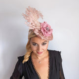 Blush pink flower feather disc saucer fascinator hat - House of Hats
