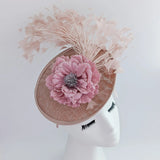 Blush pink flower feather disc saucer fascinator hat - House of Hats