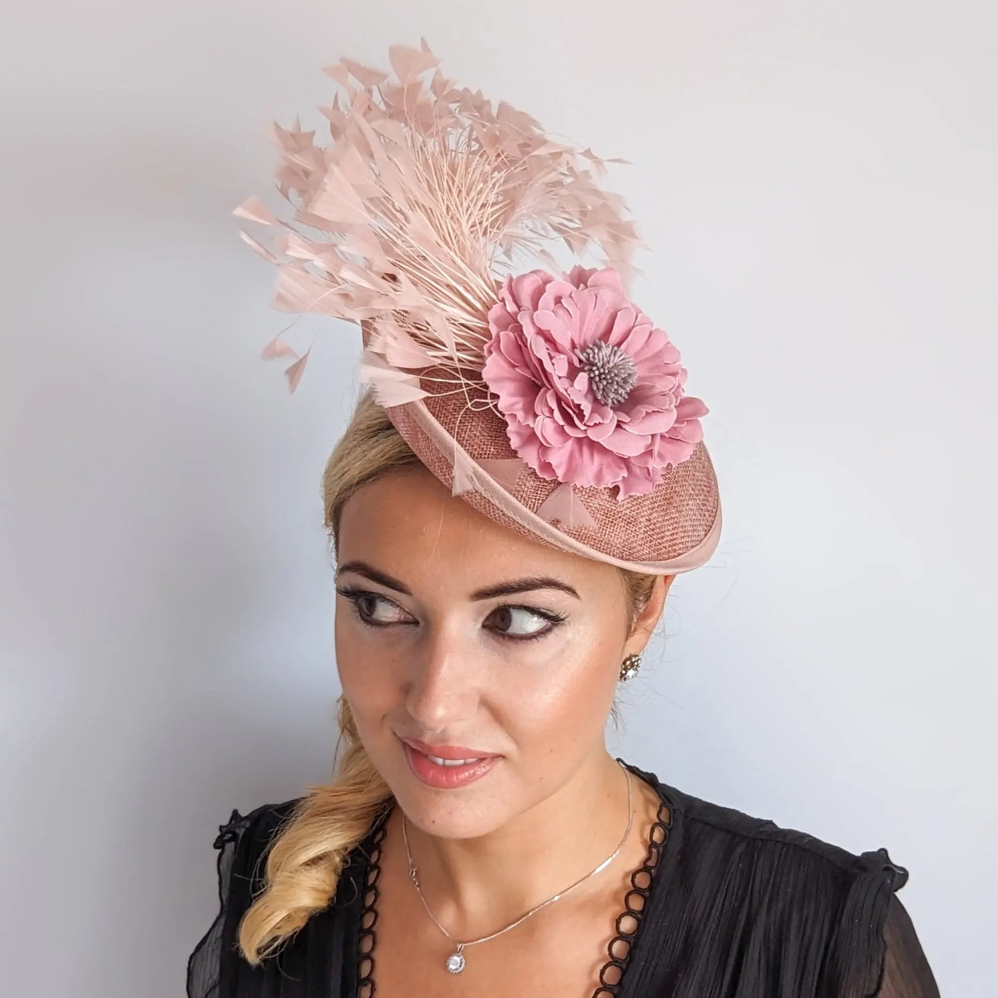 Blush pink flower feather disc saucer fascinator hat - House of Hats
