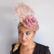 Blush pink flower feather disc saucer fascinator hat - House of Hats