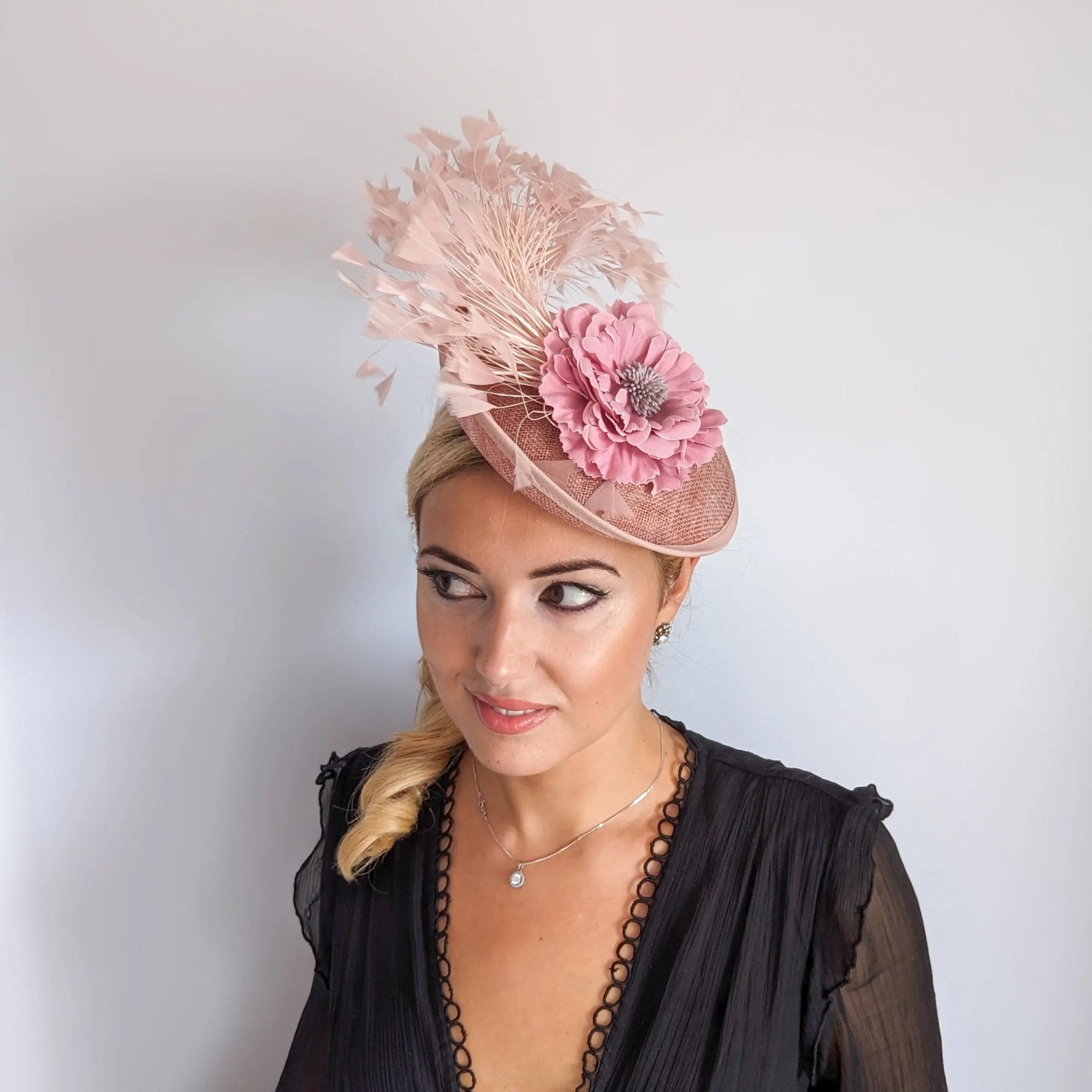 Blush pink flower feather disc saucer fascinator hat - House of Hats