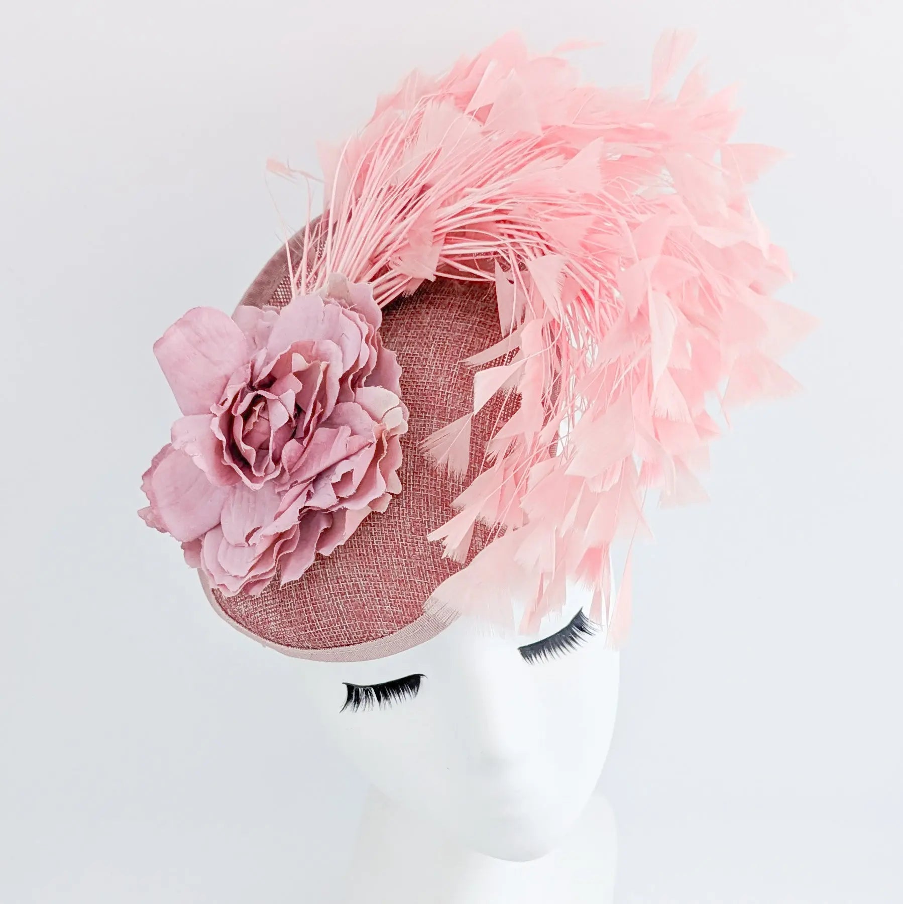Blush pink flower feather disc saucer fascinator hat - House of Hats