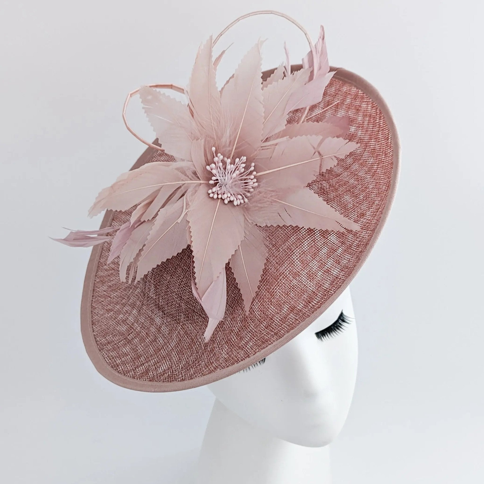 Blush pink large feather saucer disc fascinator hat - House of Hats