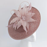 Blush pink large feather saucer disc fascinator hat - House of Hats