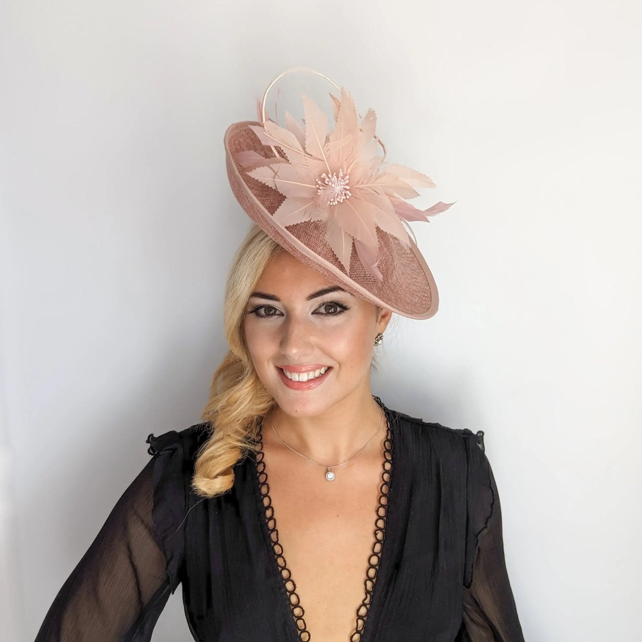 Blush pink large feather saucer disc fascinator hat - House of Hats