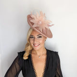 Blush pink large feather saucer disc fascinator hat - House of Hats