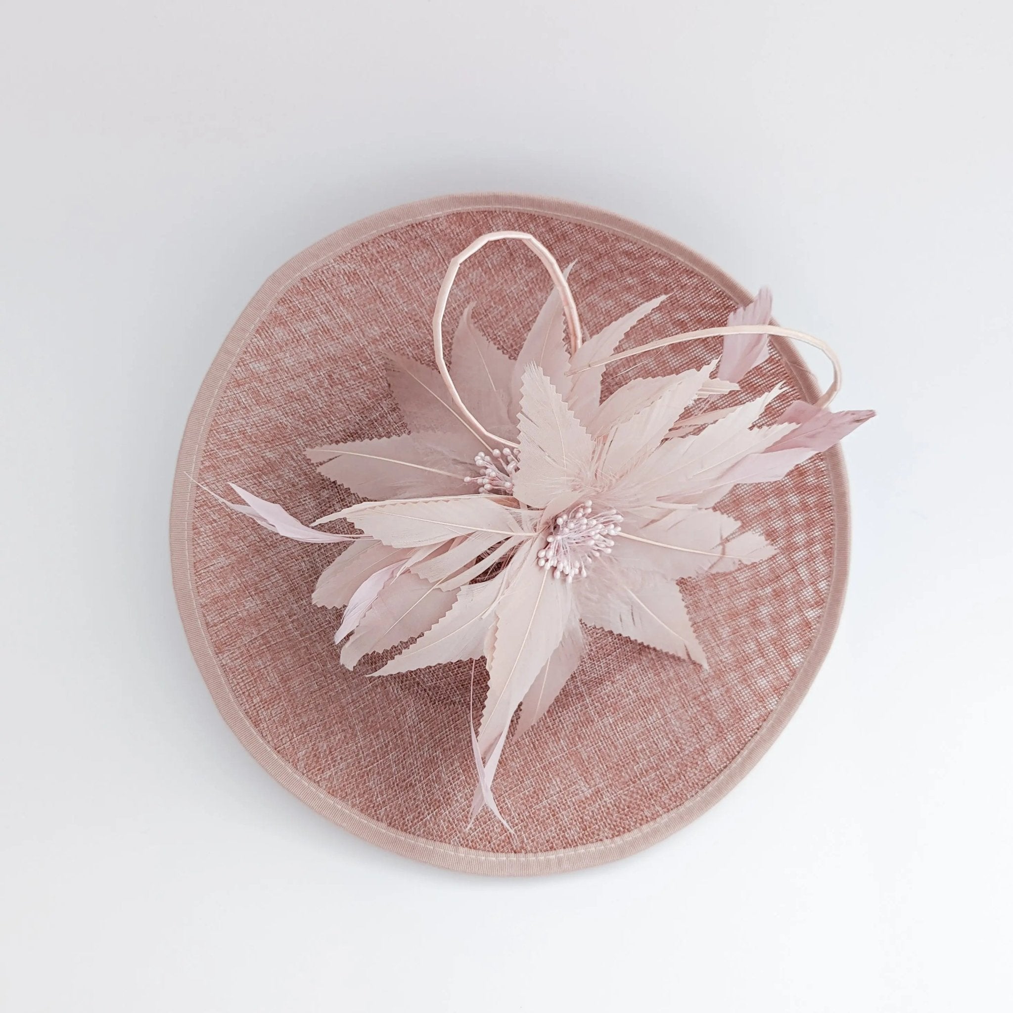 Blush pink large feather saucer disc fascinator hat - House of Hats