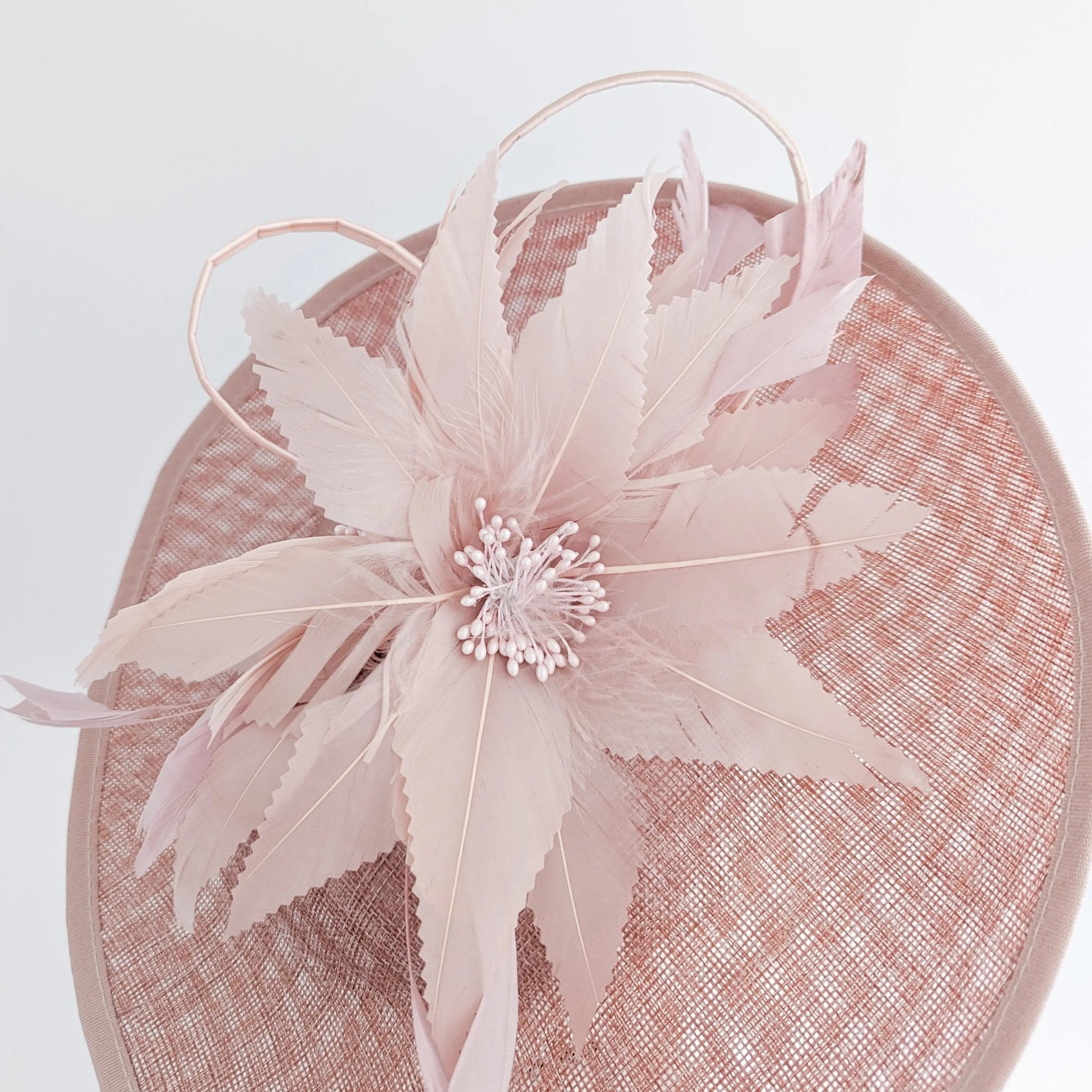 Blush pink large feather saucer disc fascinator hat - House of Hats