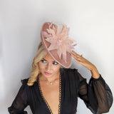 Blush pink large feather saucer disc fascinator hat - House of Hats