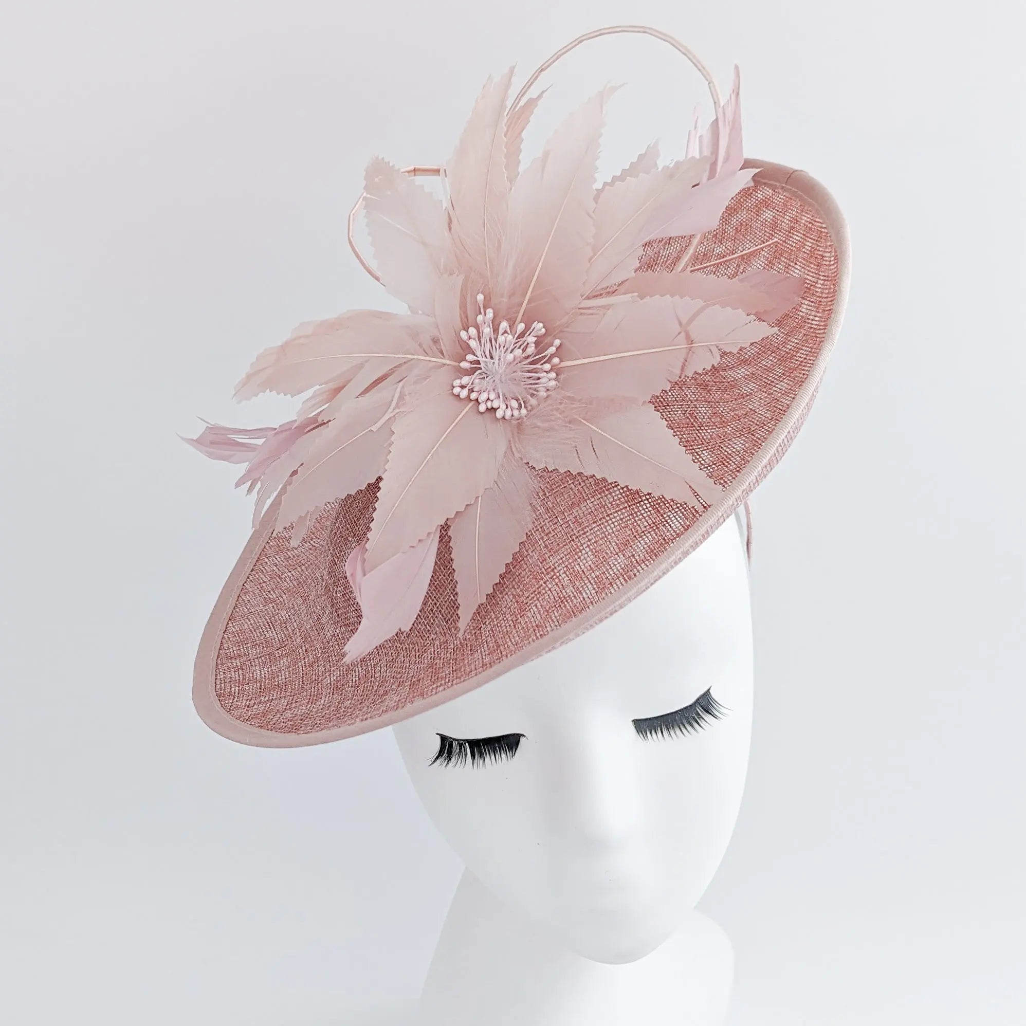 Blush pink large feather saucer disc fascinator hat - House of Hats