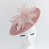 Blush pink large feather saucer disc fascinator hat - House of Hats