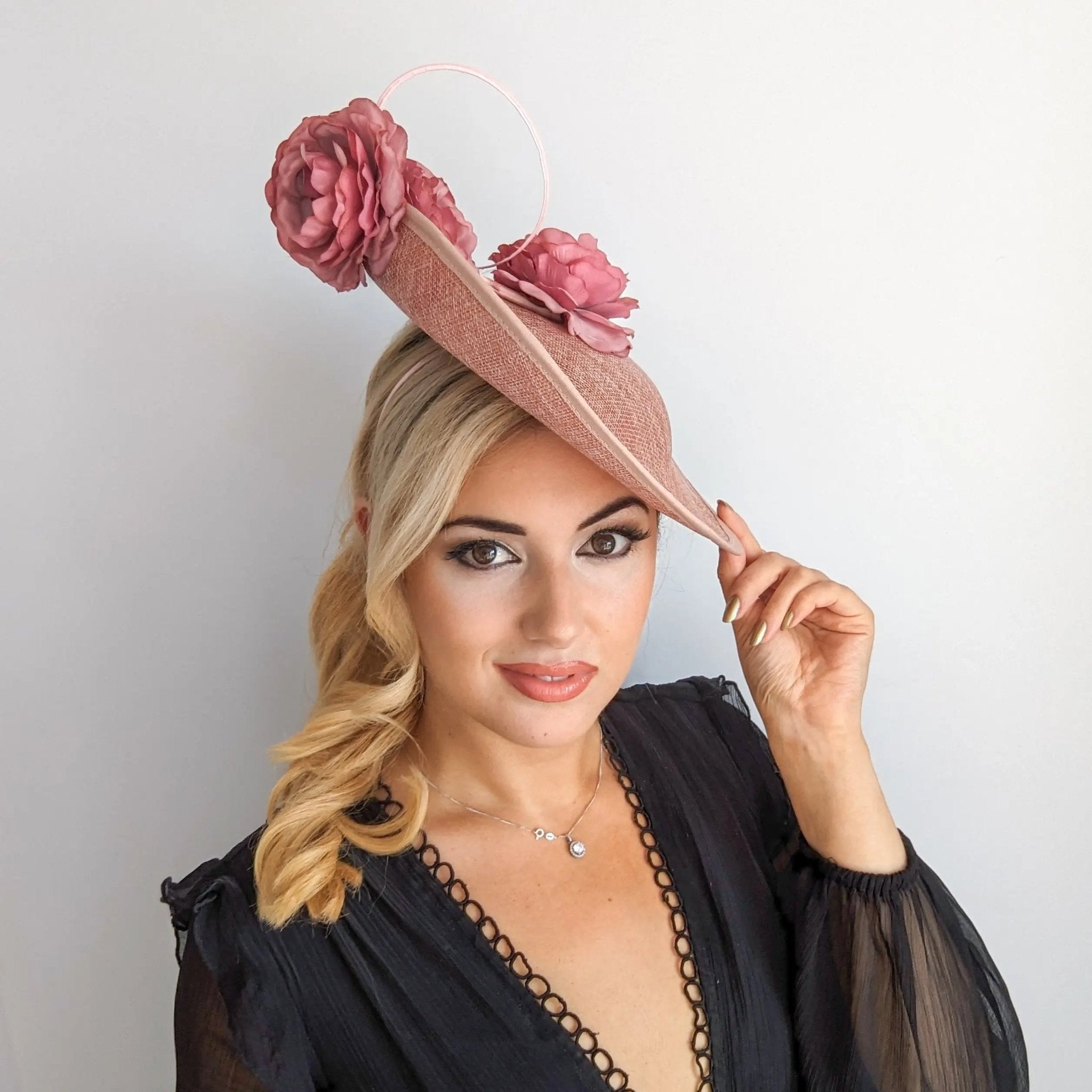 Blush pink large flower saucer disc fascinator hat - House of Hats