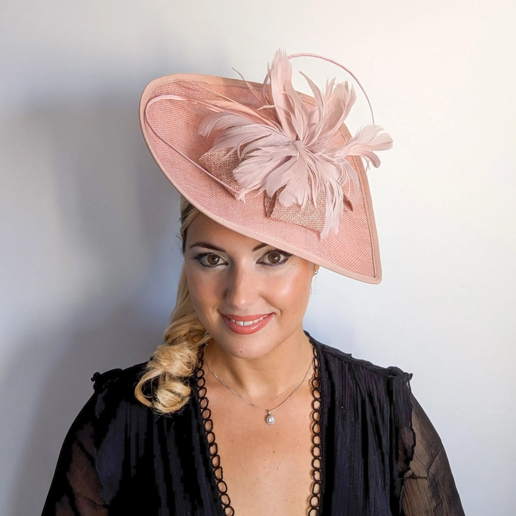 Blush pink large teardrop feather fascinator hat - House of Hats