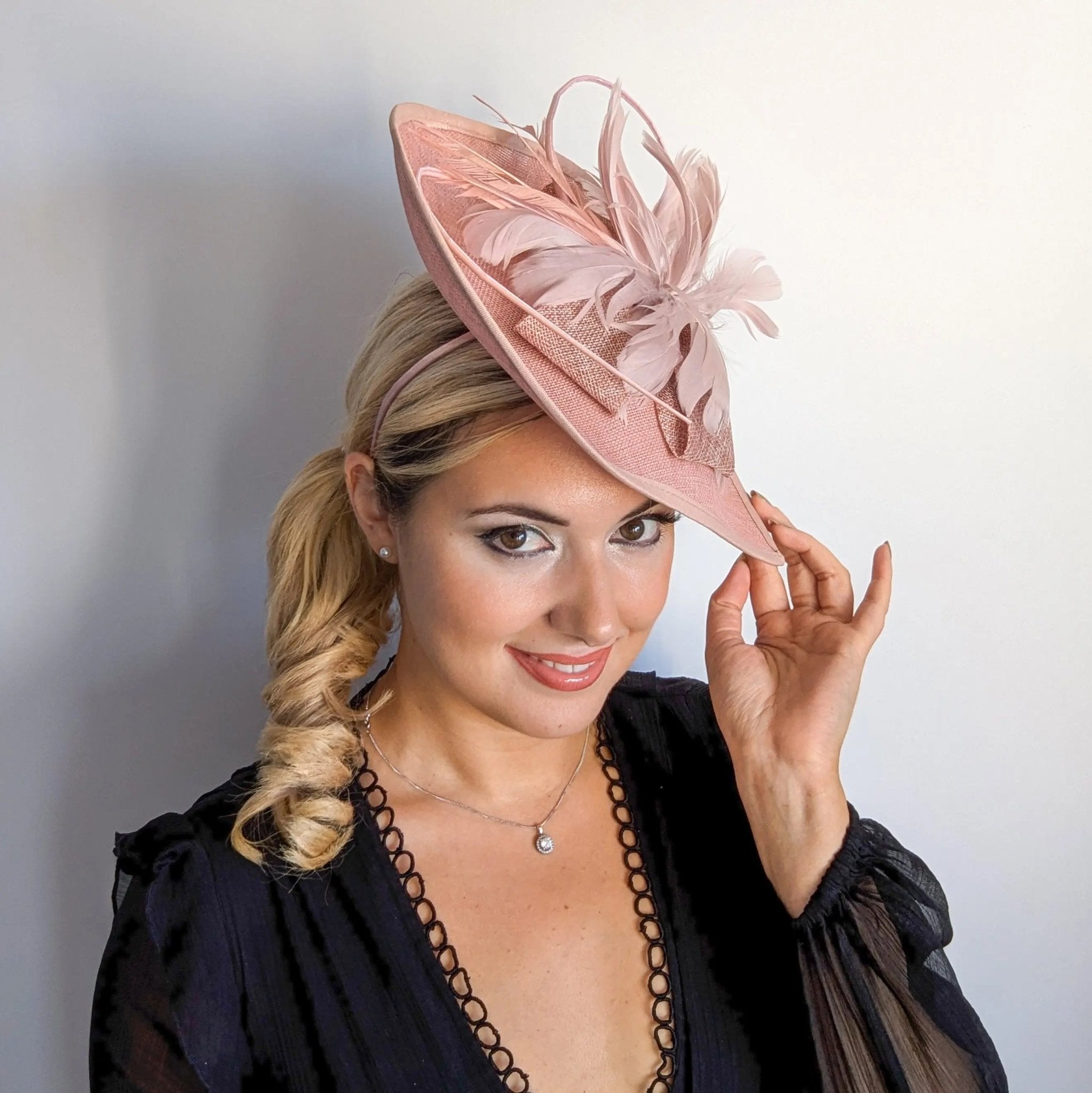 Blush pink large teardrop feather fascinator hat - House of Hats
