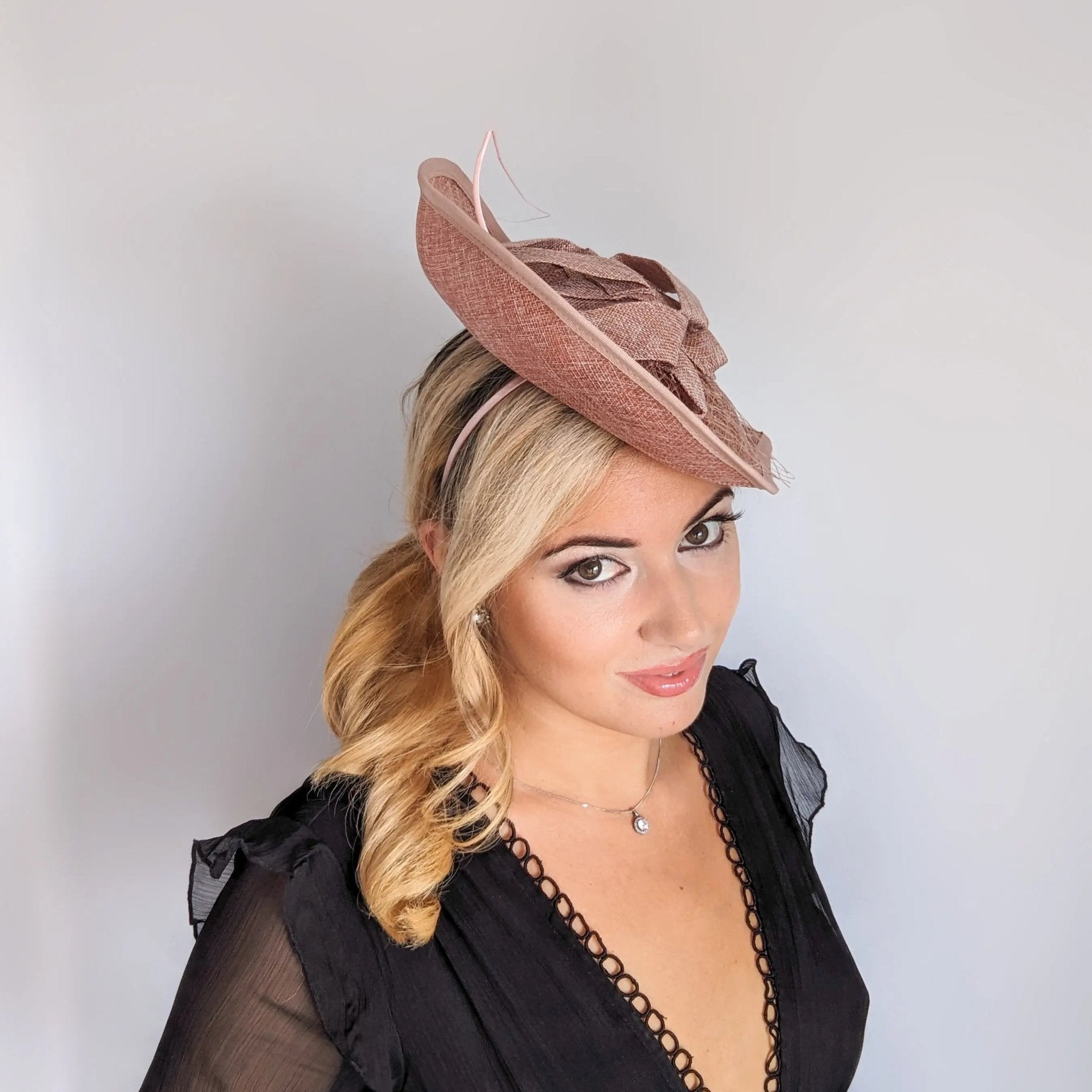 Blush pink large teardrop flower feather fascinator hat - House of Hats