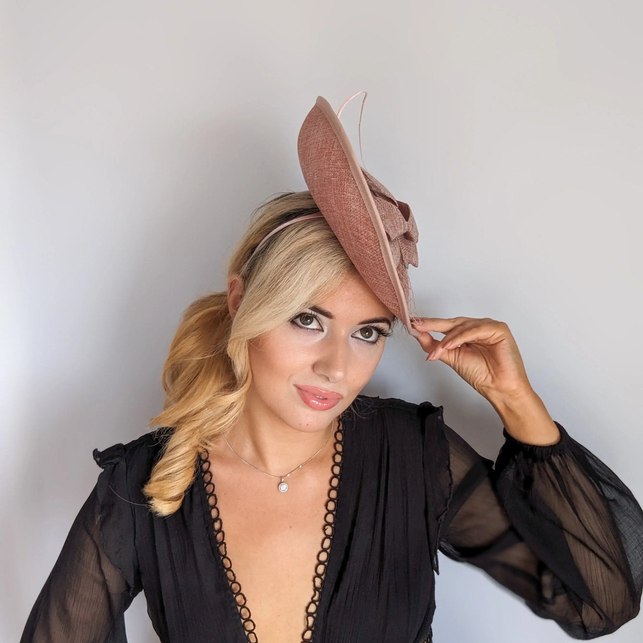 Blush pink large teardrop flower feather fascinator hat - House of Hats