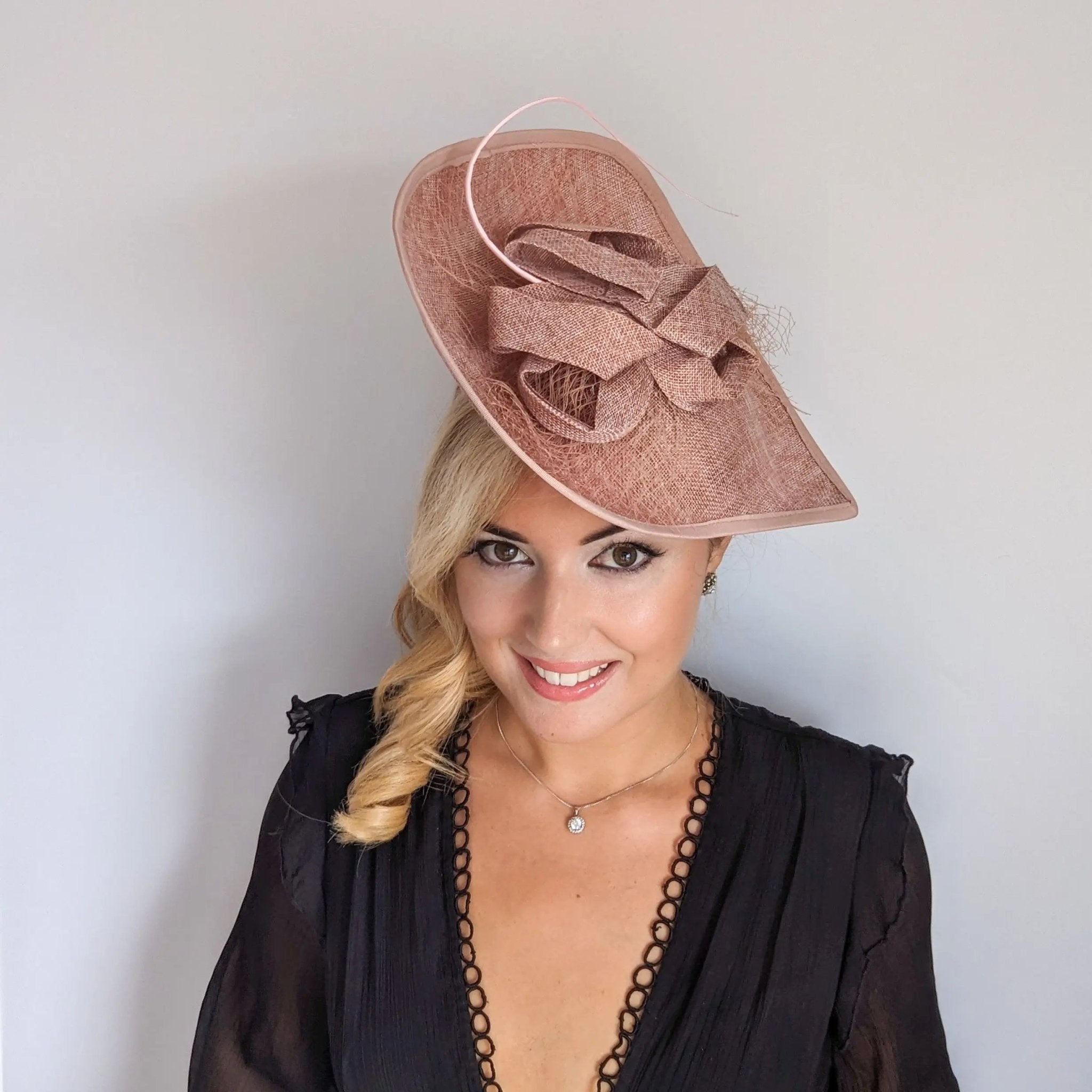 Blush pink large teardrop flower feather fascinator hat - House of Hats
