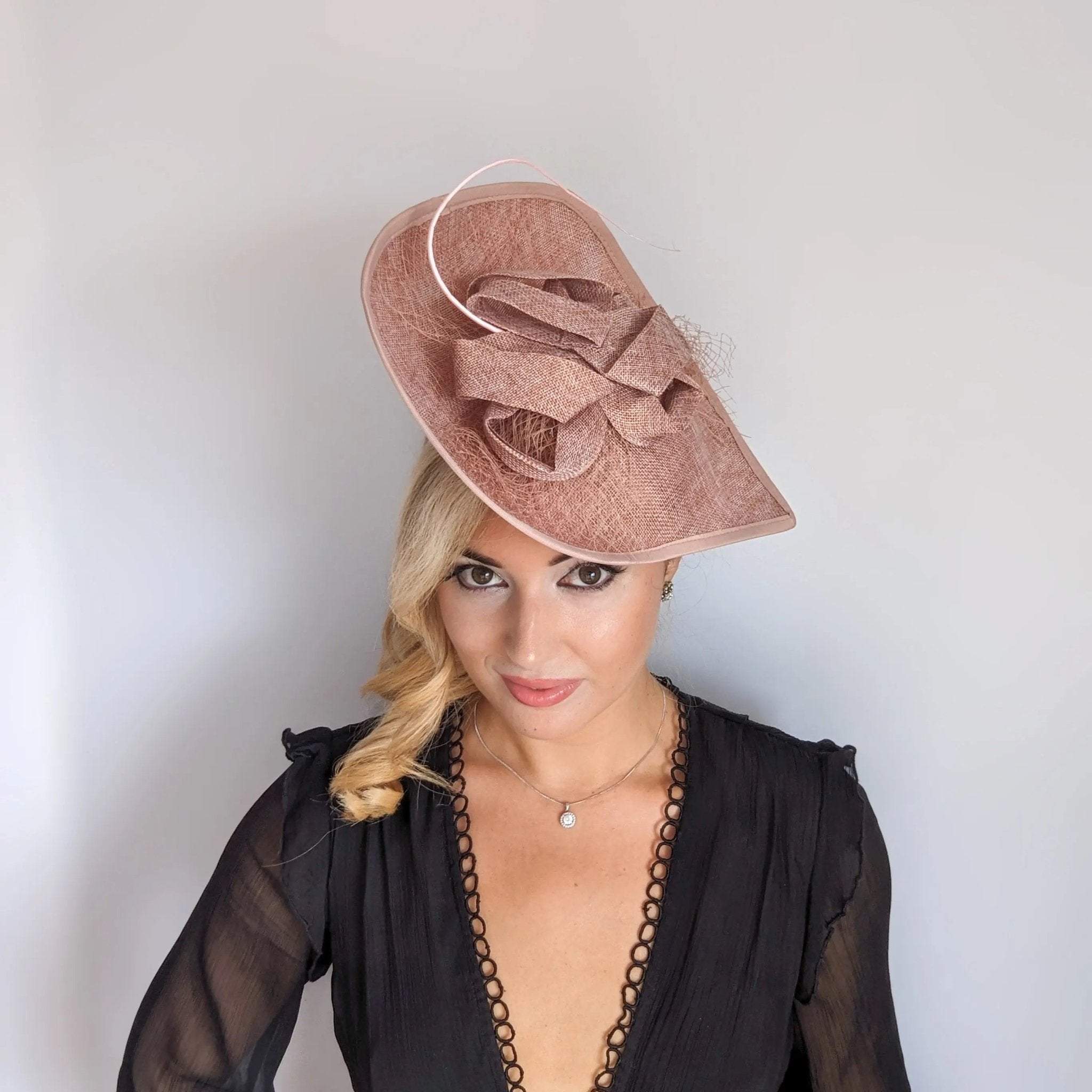 Blush pink large teardrop flower feather fascinator hat - House of Hats