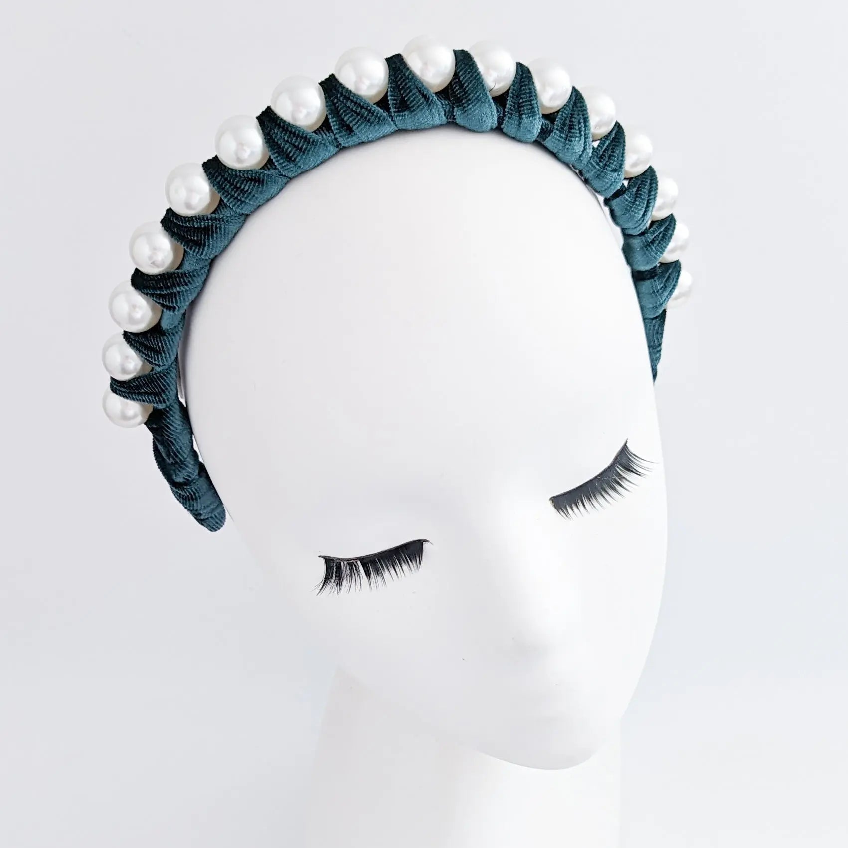 Bottle green large pearl ruched velvet headband fascinator - House of Hats
