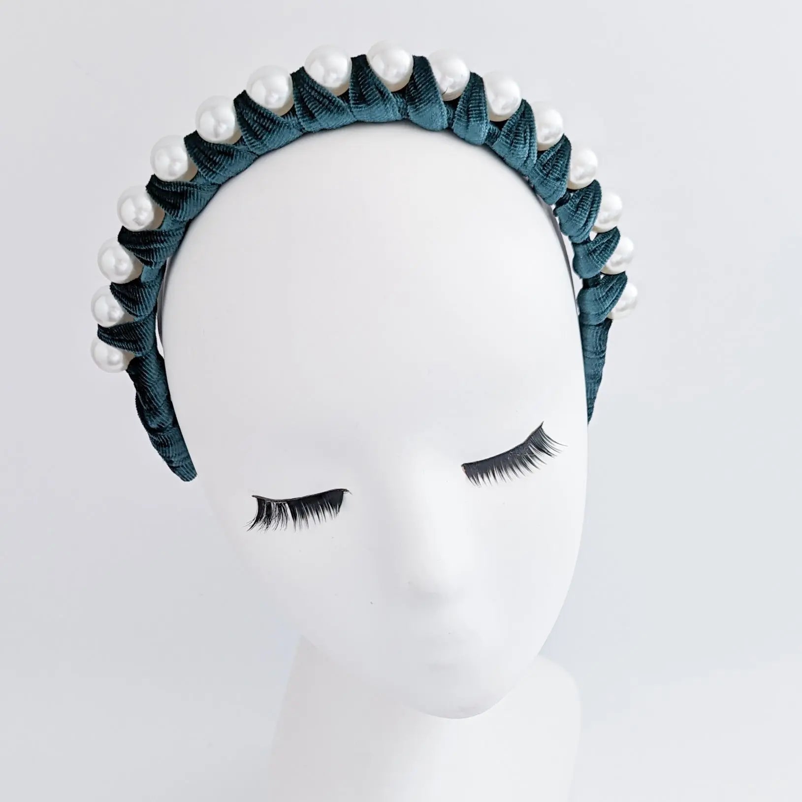 Bottle green large pearl ruched velvet headband fascinator - House of Hats