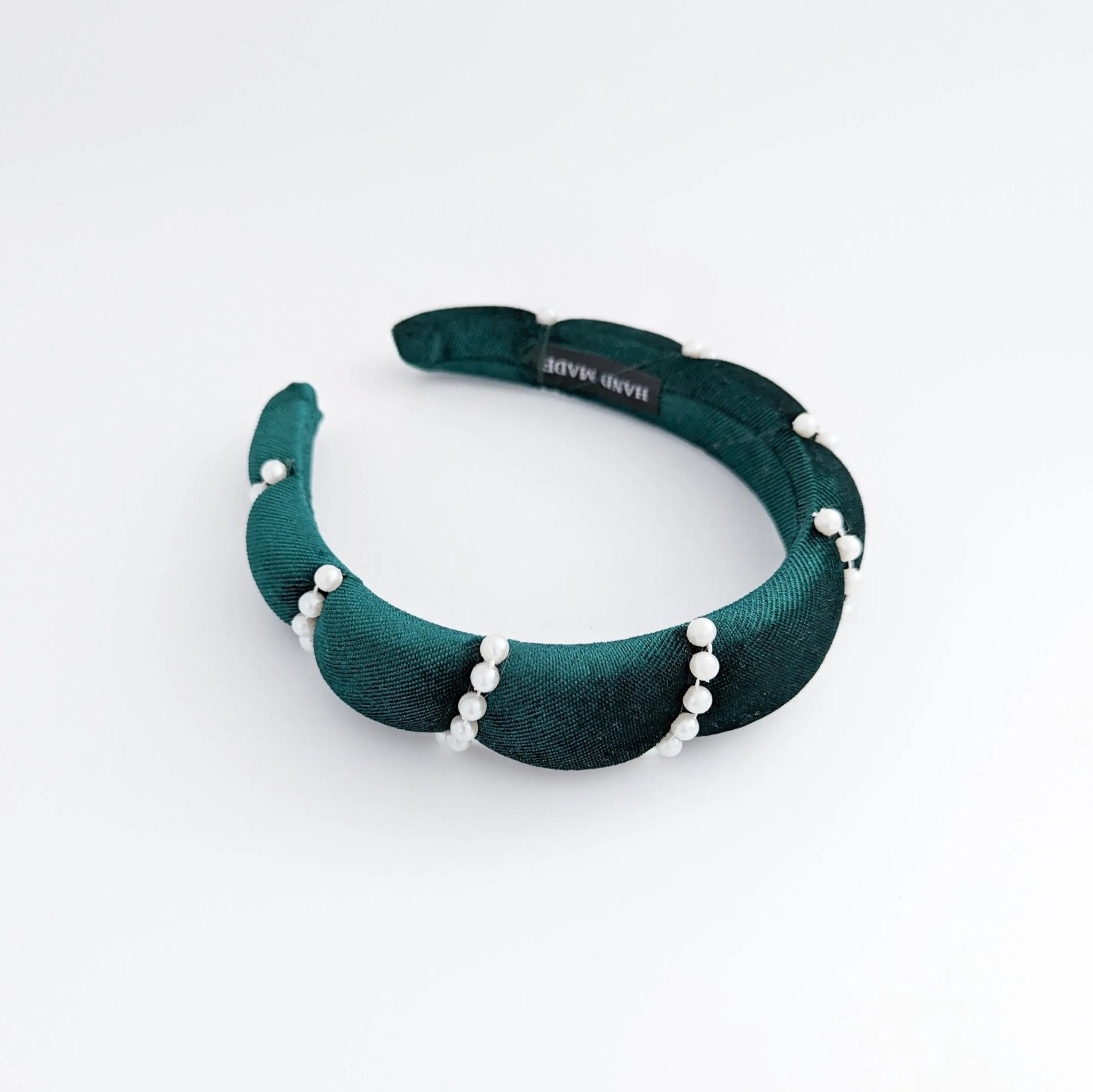 Bottle green pearl ruched padded velvet headband fascinator - House of Hats