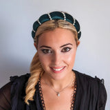 Bottle green pearl ruched padded velvet headband fascinator - House of Hats