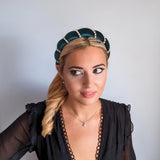 Bottle green pearl ruched padded velvet headband fascinator - House of Hats