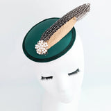 Bottle green pheasant feather small satin fascinator wedding hats uk - House of Hats