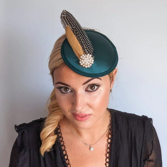 Bottle green pheasant feather small satin fascinator wedding hats uk - House of Hats