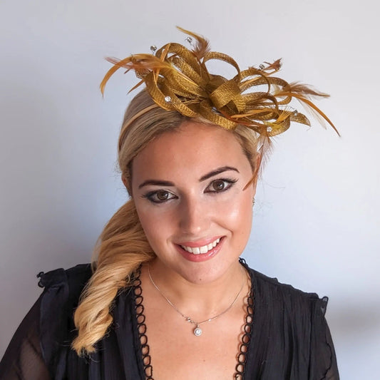 Bronze brown crystal feather fascinator hat - House of Hats