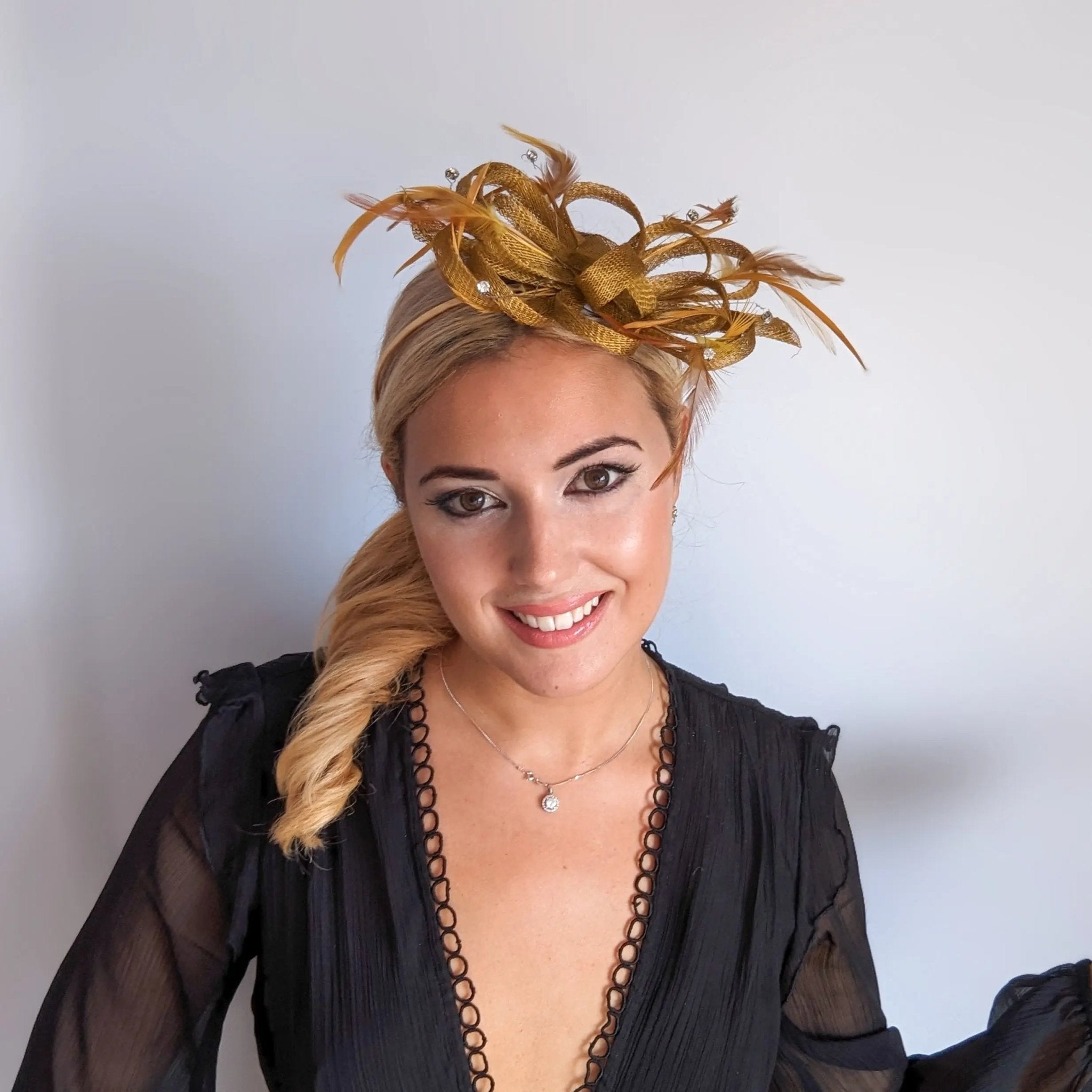 Bronze brown crystal feather fascinator hat - House of Hats
