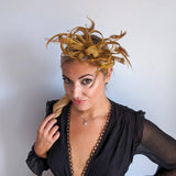 Bronze brown crystal feather fascinator hat - House of Hats
