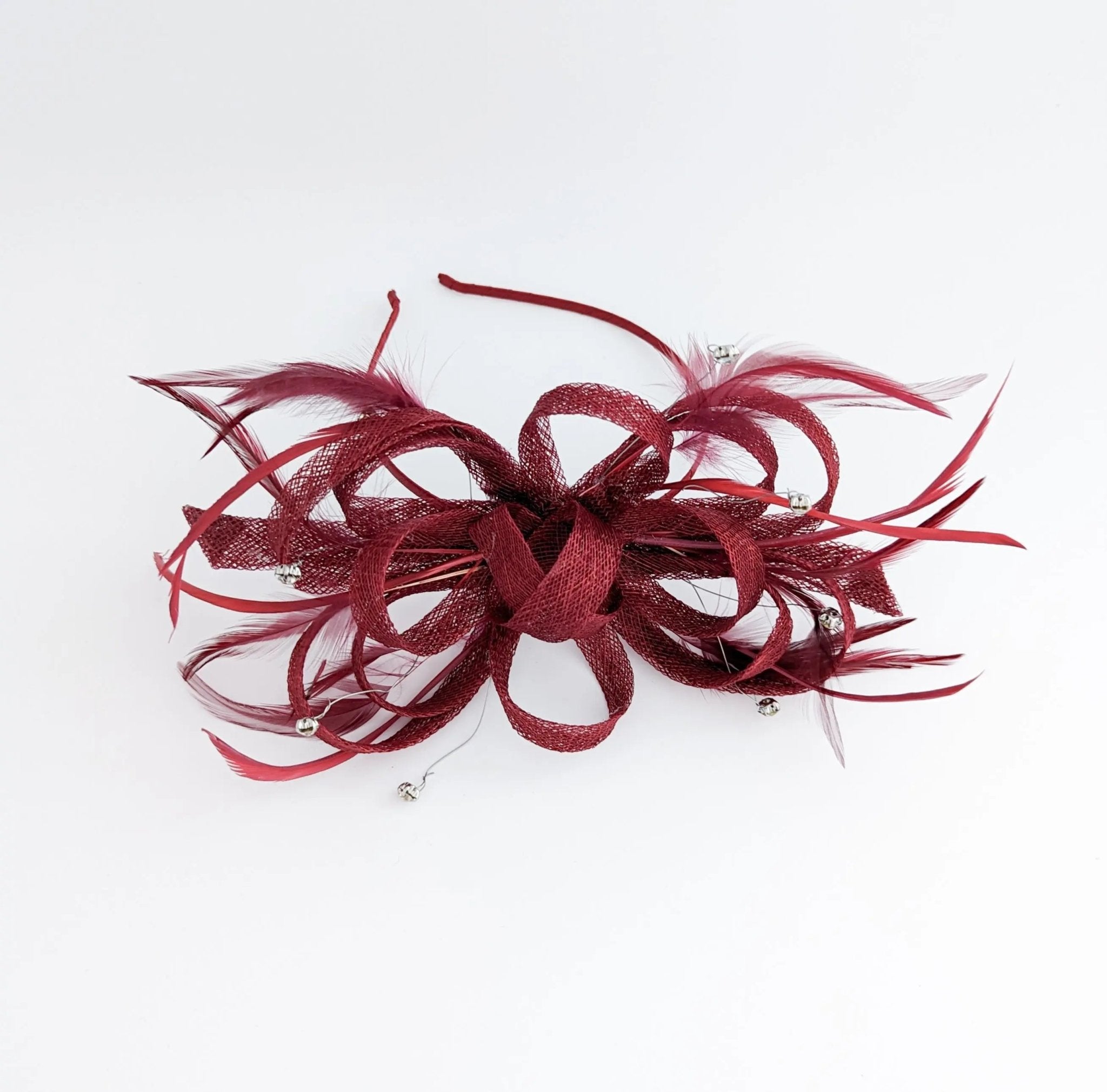 Burgundy crystal feather fascinator hat - House of Hats