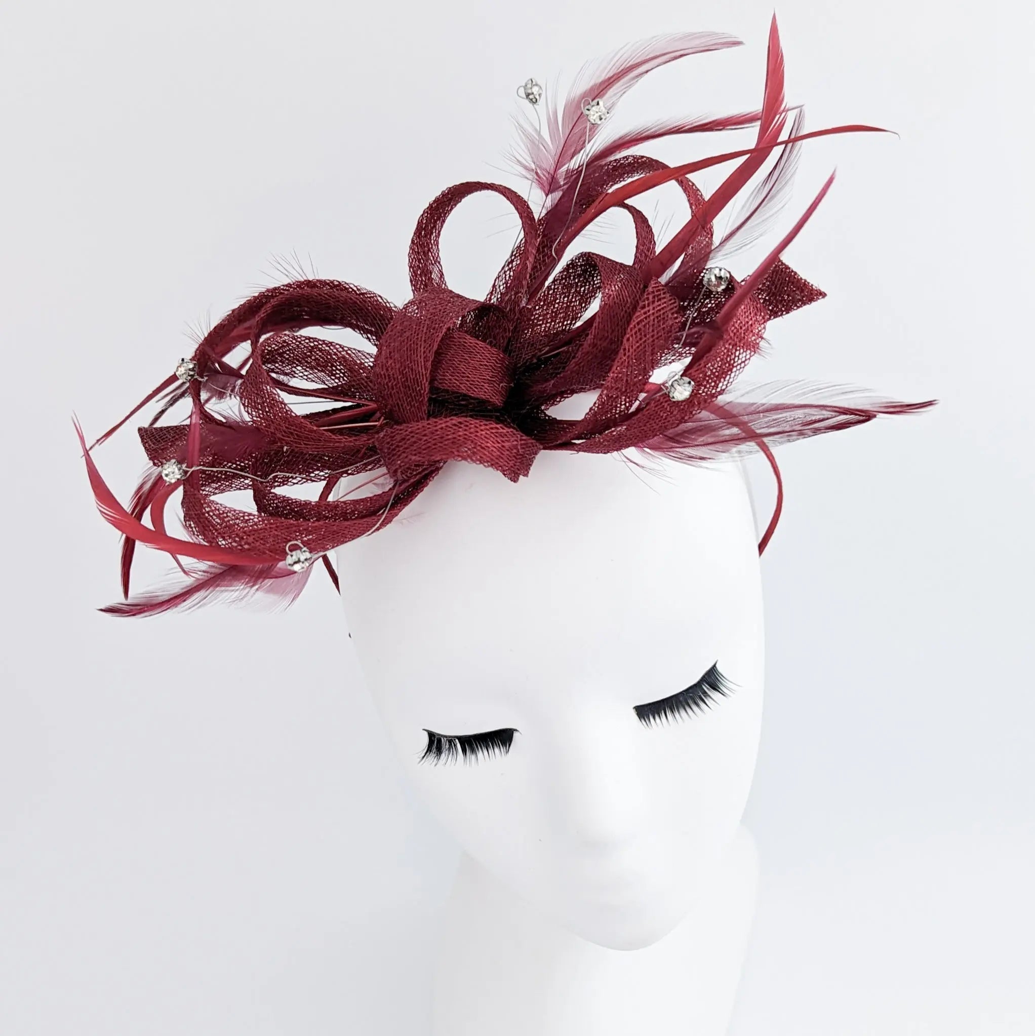 Burgundy crystal feather fascinator hat - House of Hats