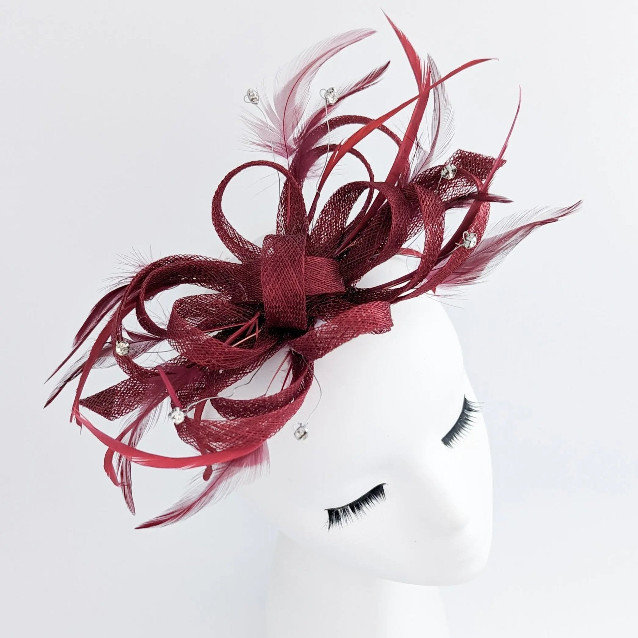 Burgundy crystal feather fascinator hat - House of Hats