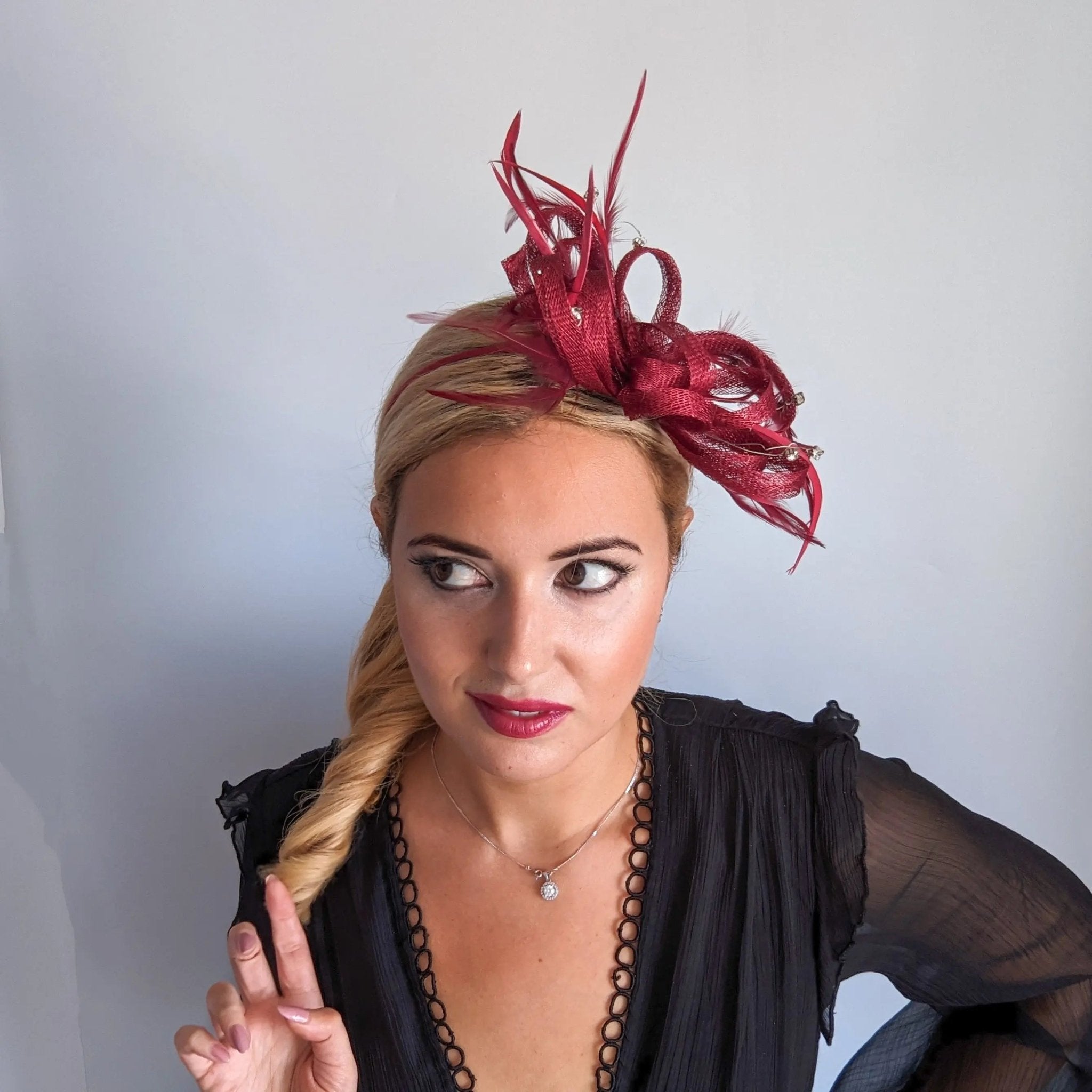 Burgundy crystal feather fascinator hat - House of Hats