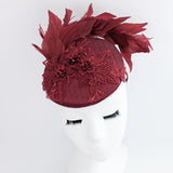 Burgundy feather lace satin fascinator hat - House of Hats