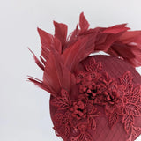Burgundy feather lace satin fascinator hat - House of Hats