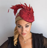 Burgundy feather lace satin fascinator hat - House of Hats