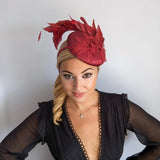 Burgundy feather lace satin fascinator hat - House of Hats