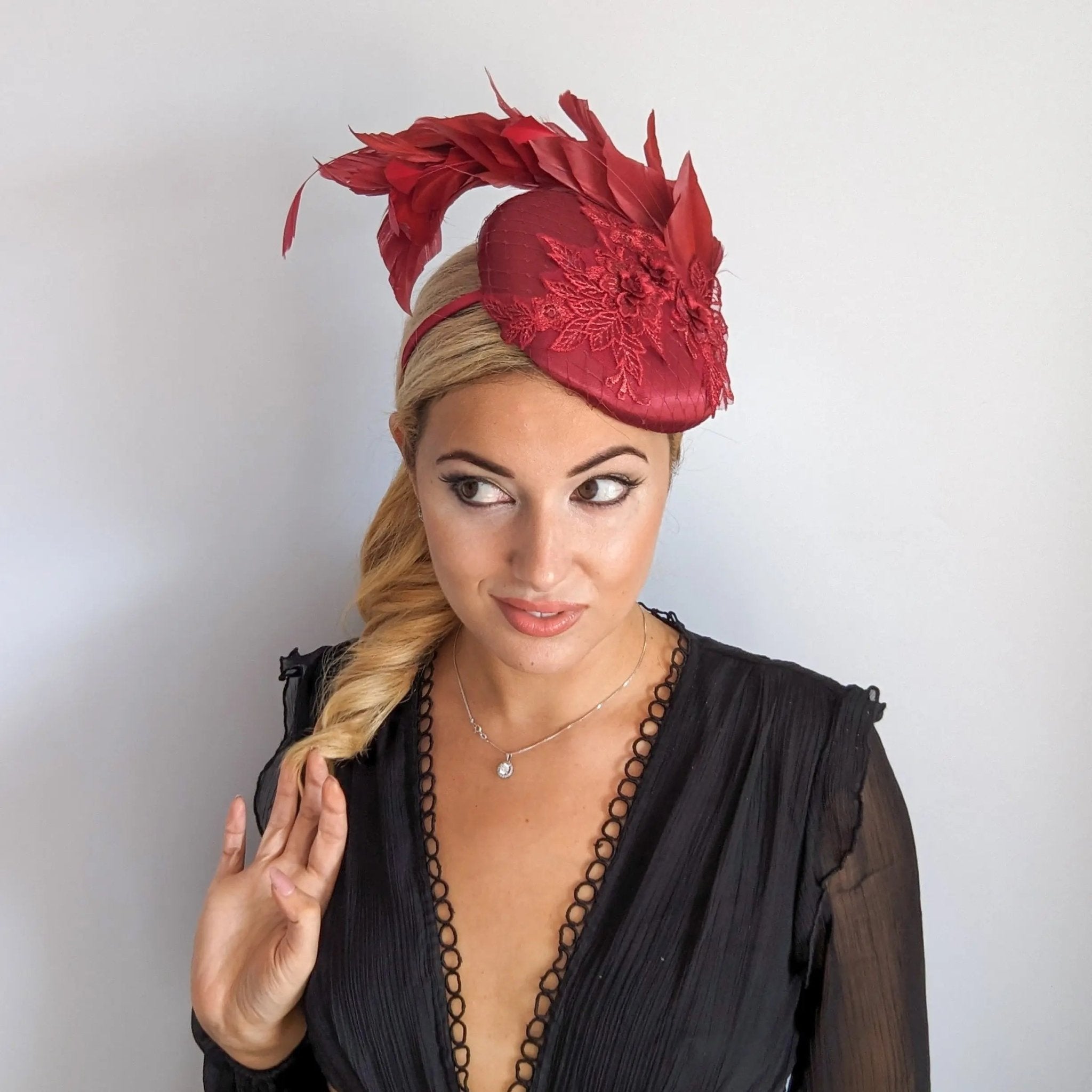 Burgundy feather lace satin fascinator hat - House of Hats